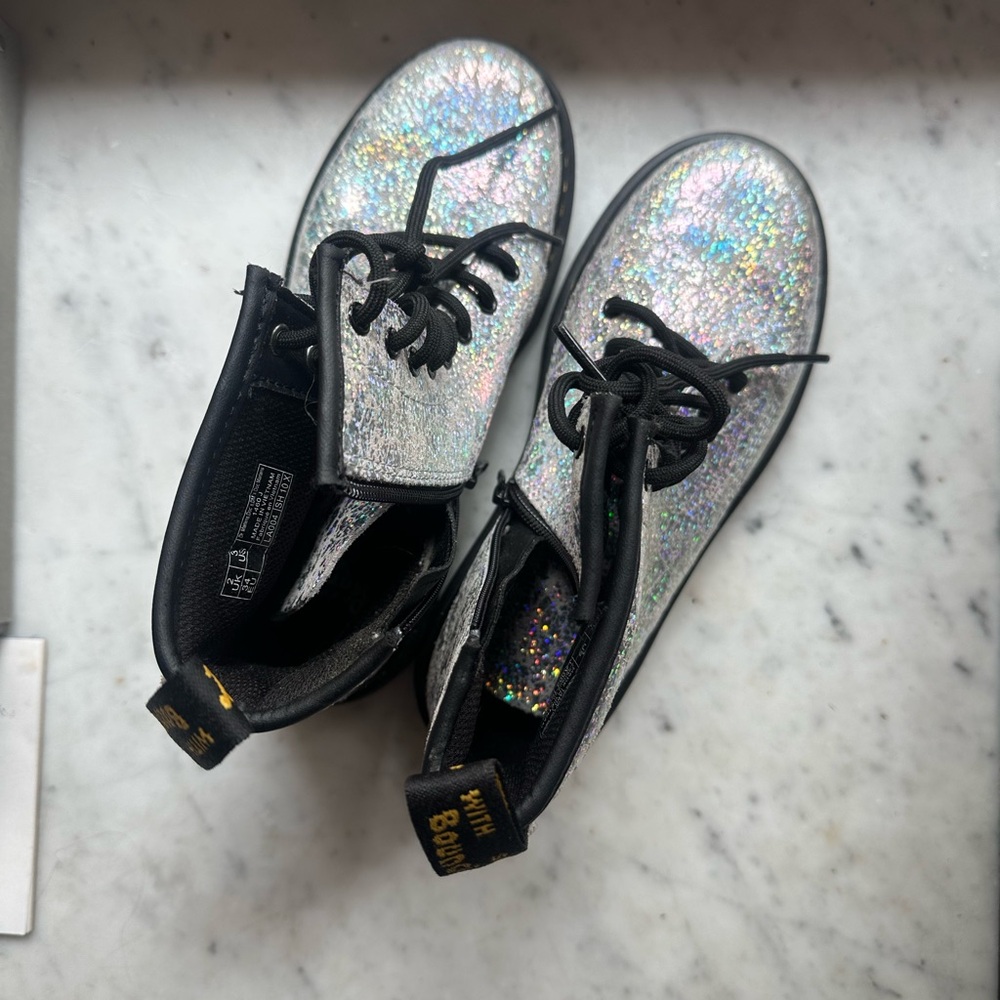 Kids Holographic Silver Lace-Up Dr Martens